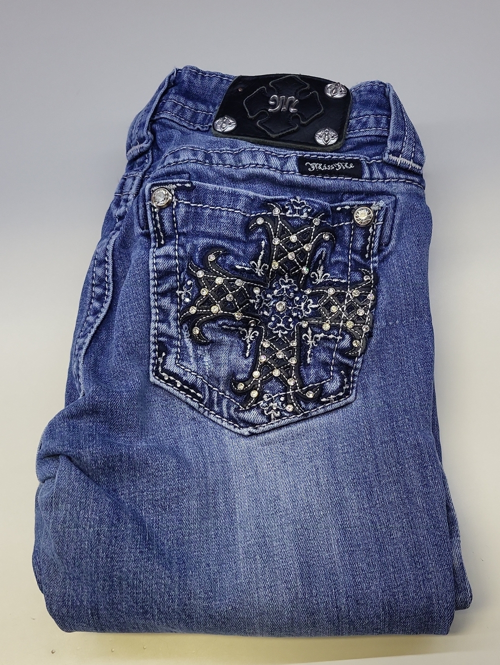 *Miss Me Blue Denim Jeans with Embellished Cross Pocket